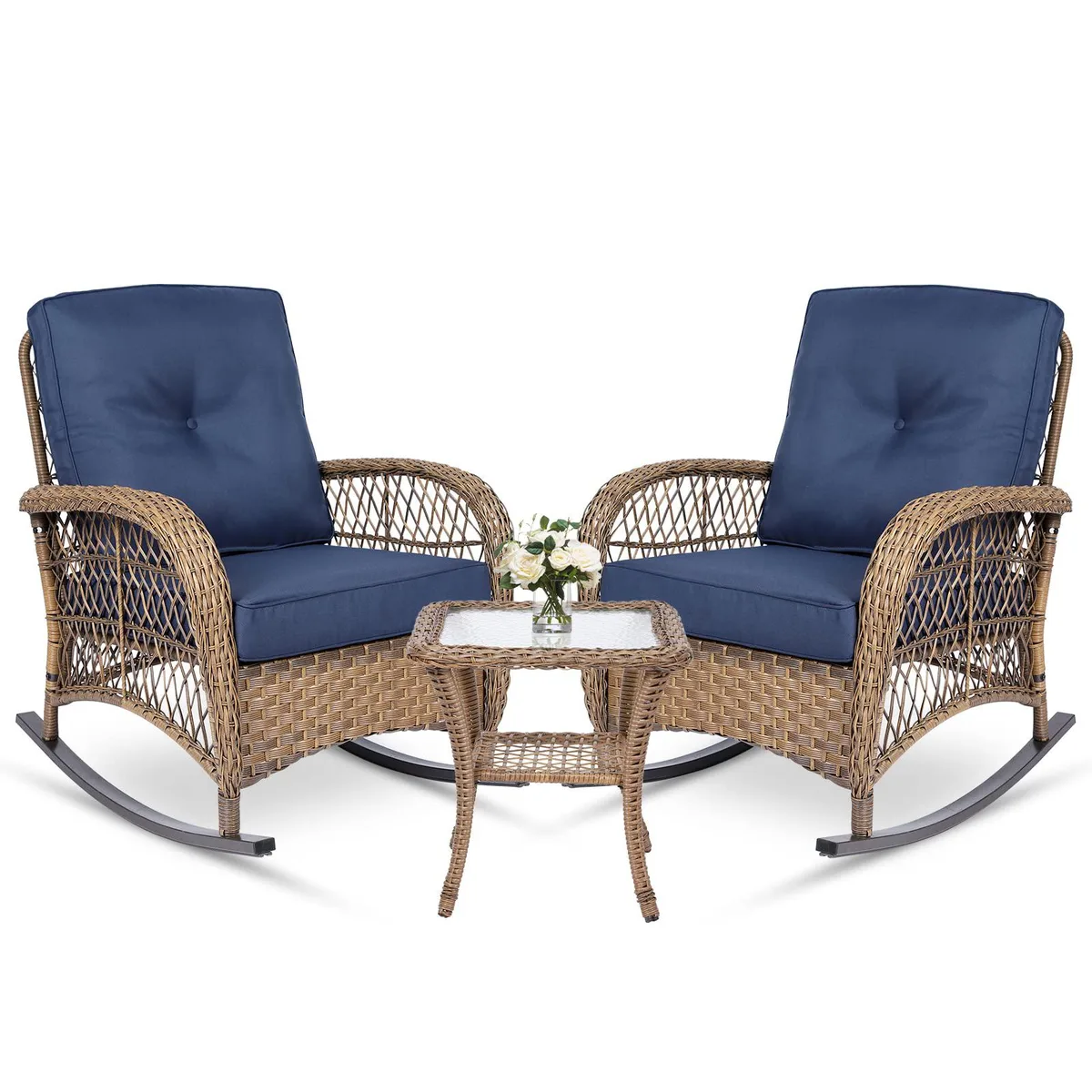MEETWARM MEETWARM 3-Piece Wicker Rocking Chair Set Navy Blue — product photo