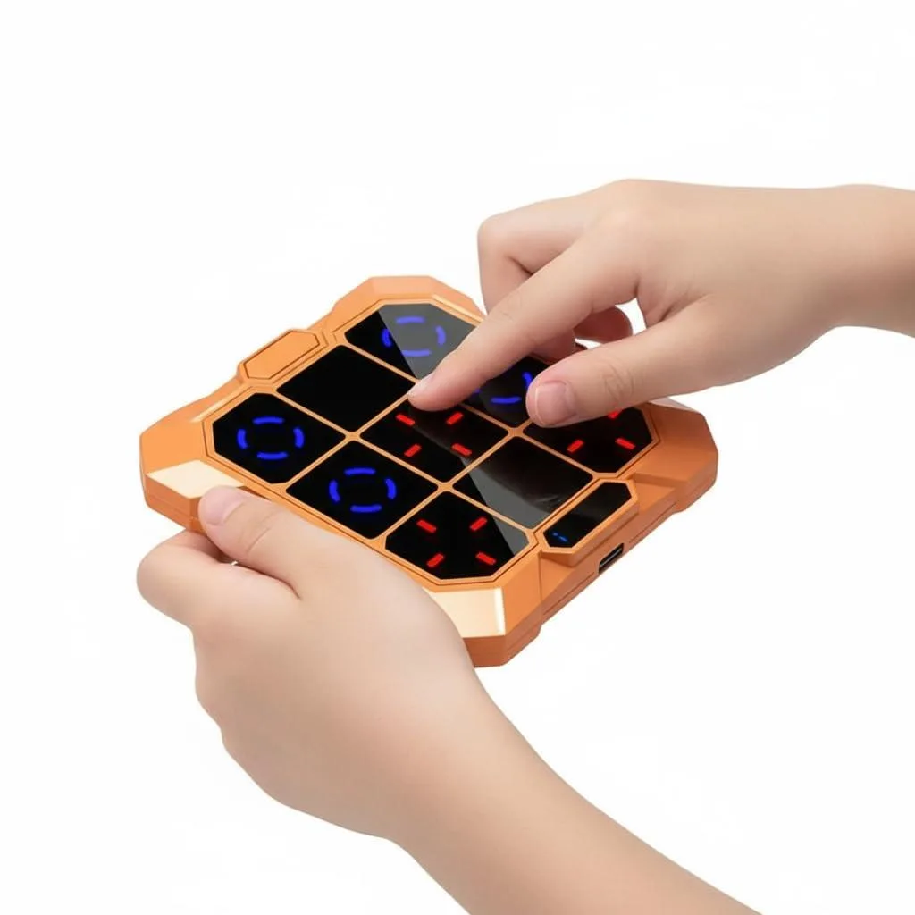 Small black handheld game console with buttons and screen