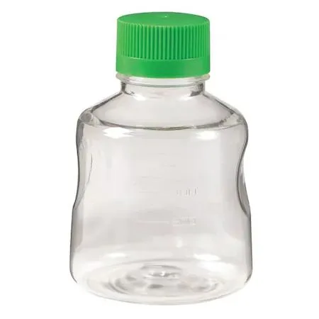 Clear polystyrene solution bottle, green polyethylene cap, 500 mL capacity, graduated in 10 mL increments, pack of 24