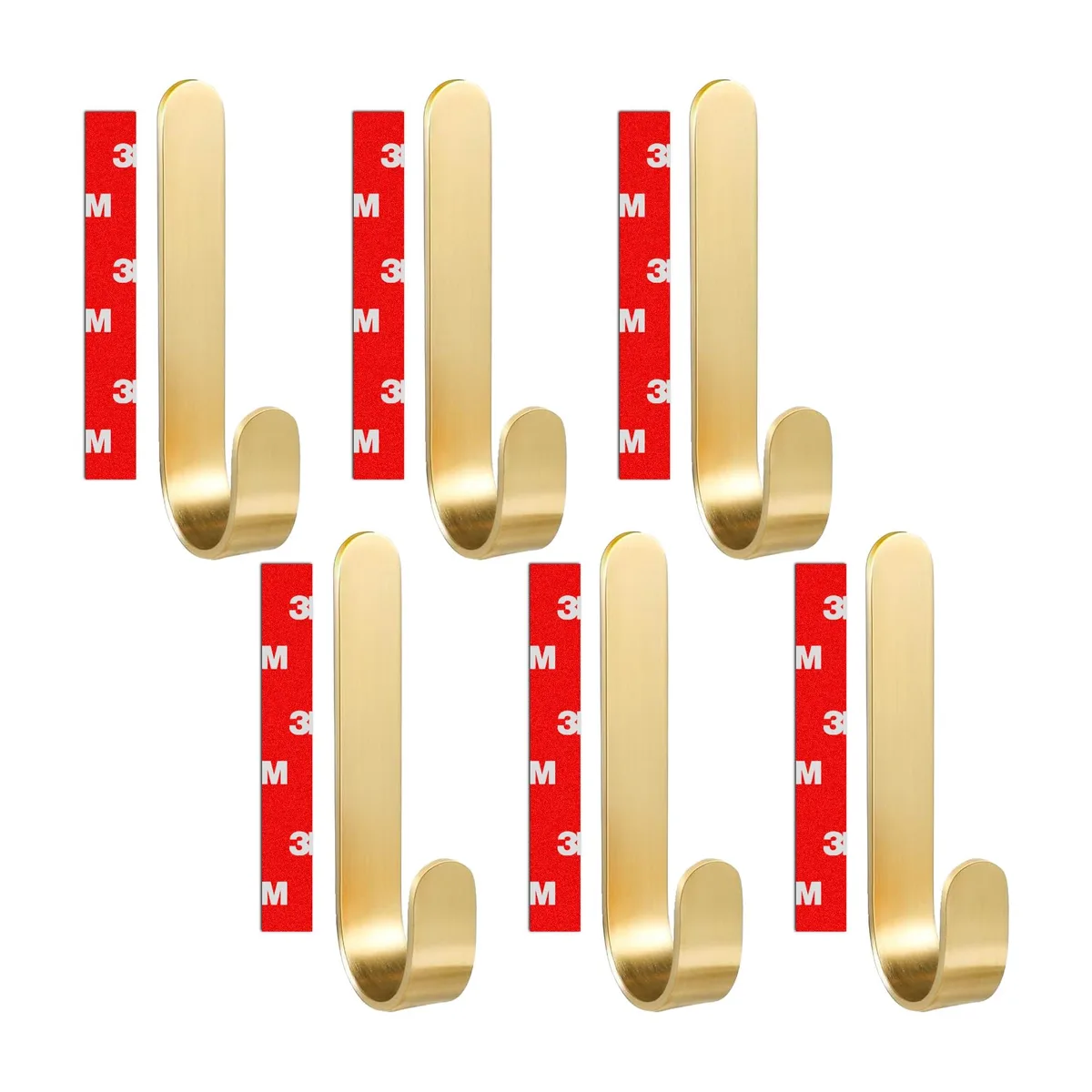 Gold J-shaped adhesive wall hooks with pre-cut tape strips