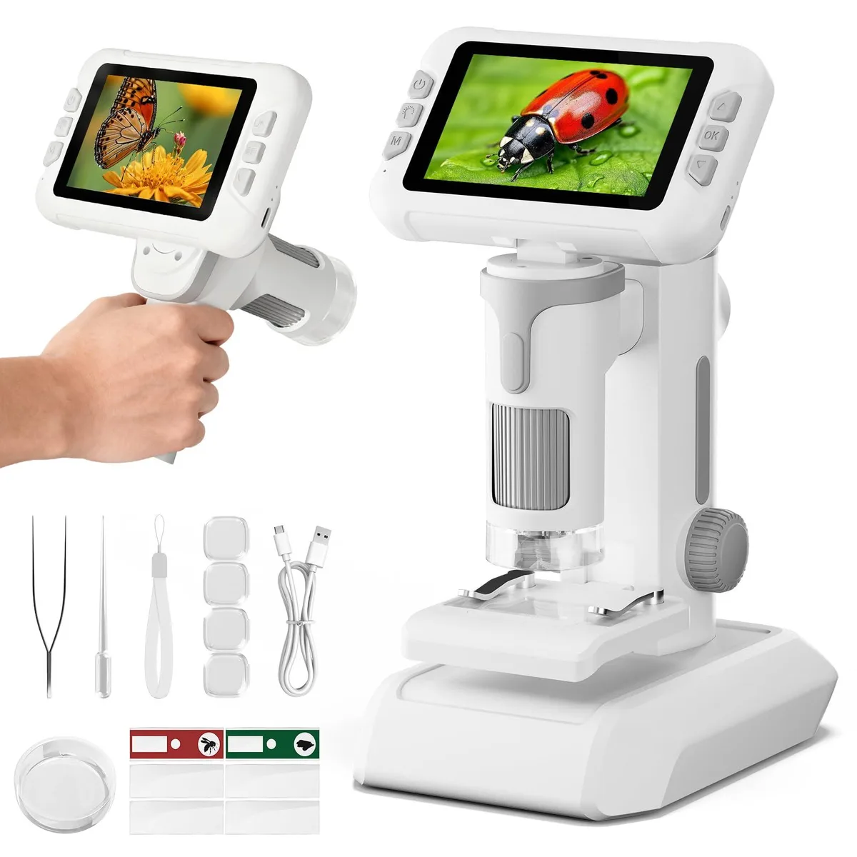 Grey digital microscope with 4.0 inch screen and slides kit in 12 pack