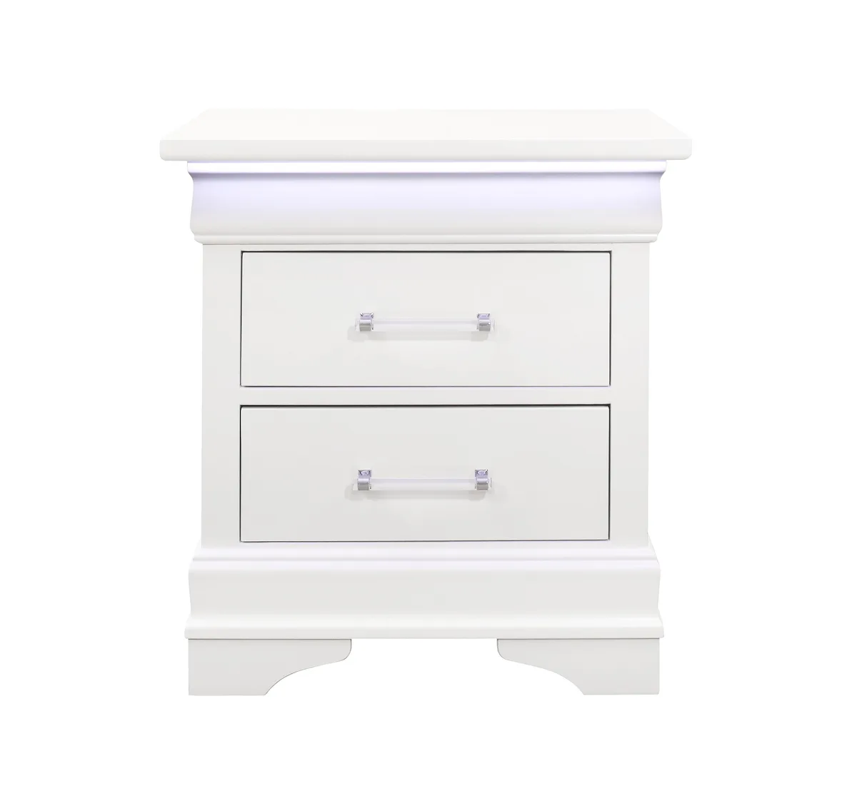 White two-drawer nightstand with integrated LED lighting and clean lines