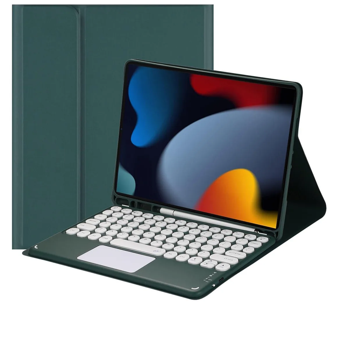 Dark green iPad keyboard case with detachable touchpad and pencil holder