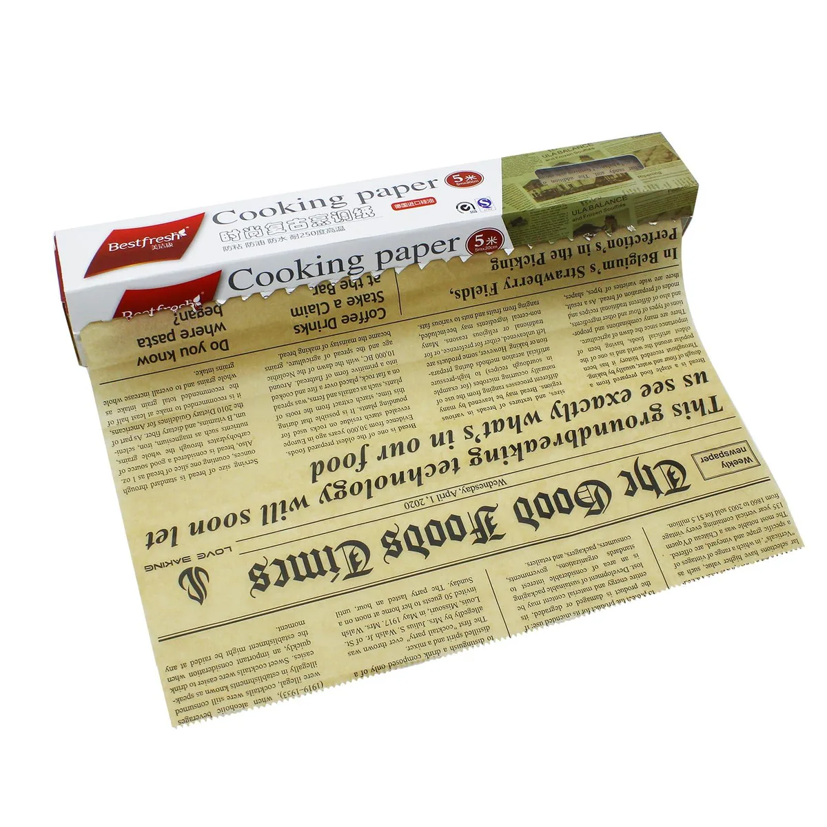 Brown parchment paper roll with printed newspaper design, 30 cm wide
