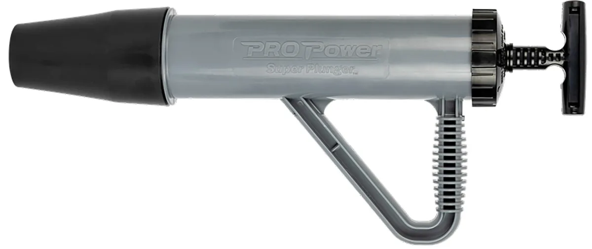 A hand-held toilet plunger with a cylindrical chamber and trigger grip, light coloured plastic finish