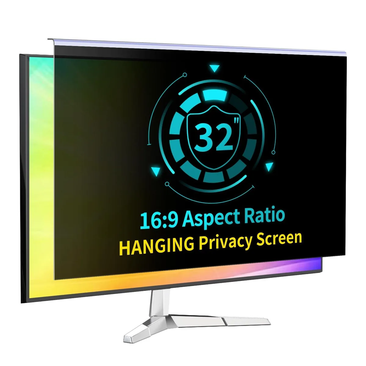 A 32 inch hanging privacy screen filter for 16:9 monitors with a clear acrylic finish