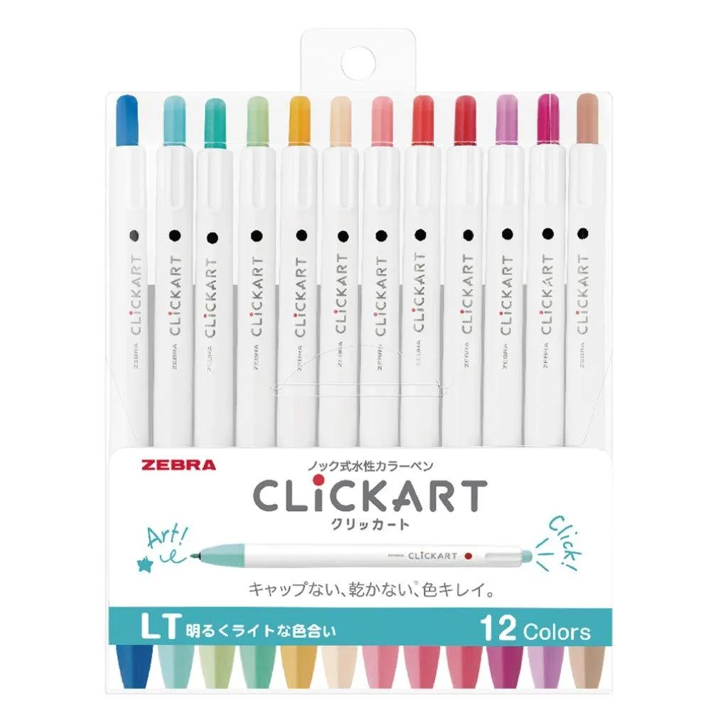 Set of 12 click-type water-based pens in bright light colours
