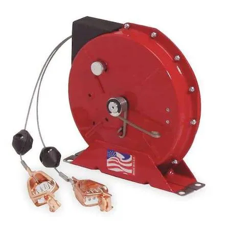 Red spring-return grounding cable reel with 50 ft wire and universal clamp