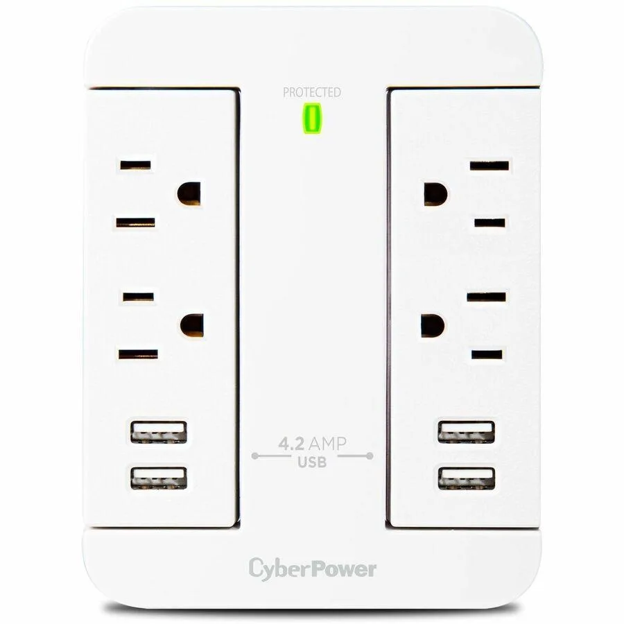 White wall-tap surge protector with four AC outlets and four USB-A ports, swivel plug on back