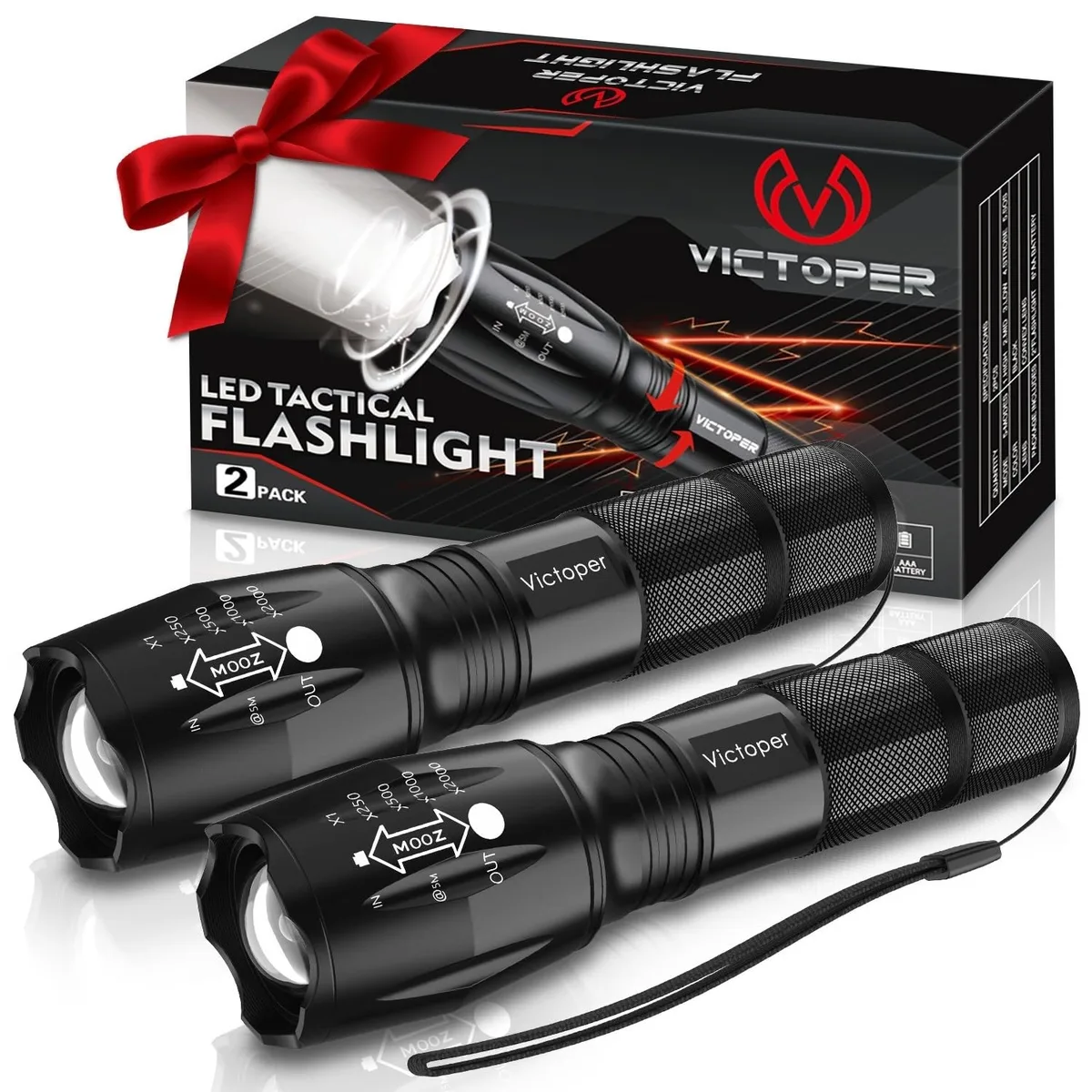 Two silver aluminium tactical flashlights side by side, textured grip, zoomable heads