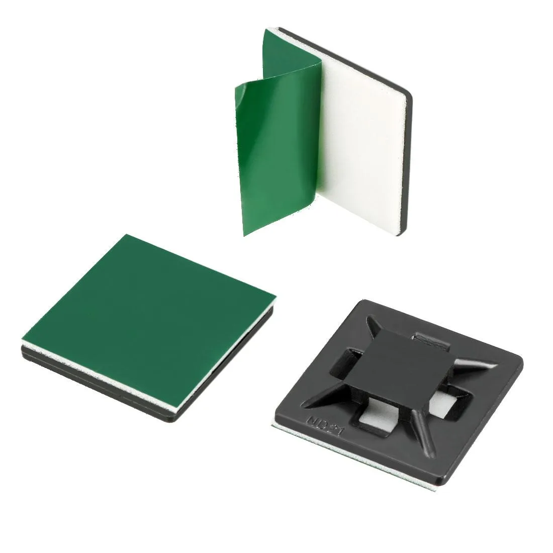 Black and green square adhesive cable tie mounts, fifty pieces, twenty-one millimetres each side