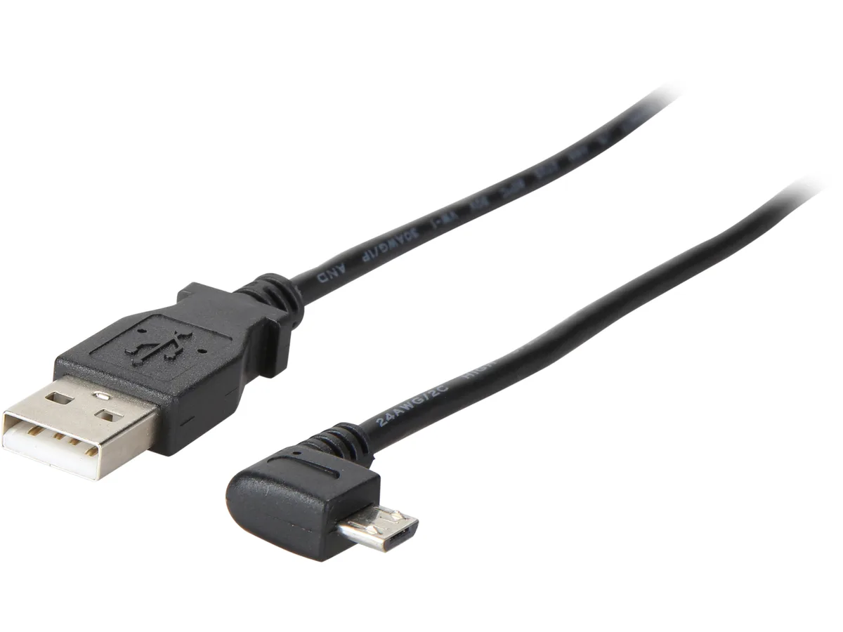 Black six-foot Micro-USB cable with right-angle connector and standard USB-A plug