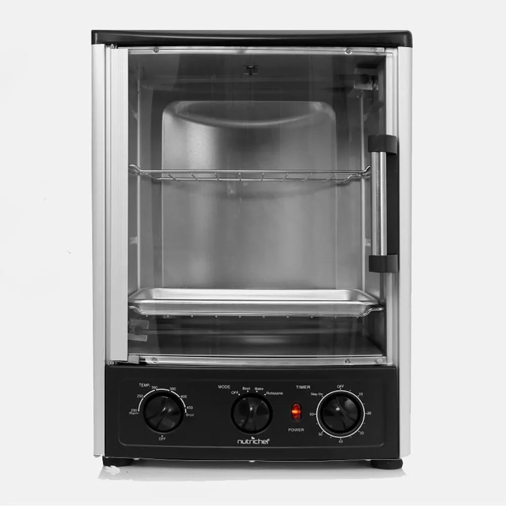 Vertical countertop rotisserie oven with glass door and rotary dials