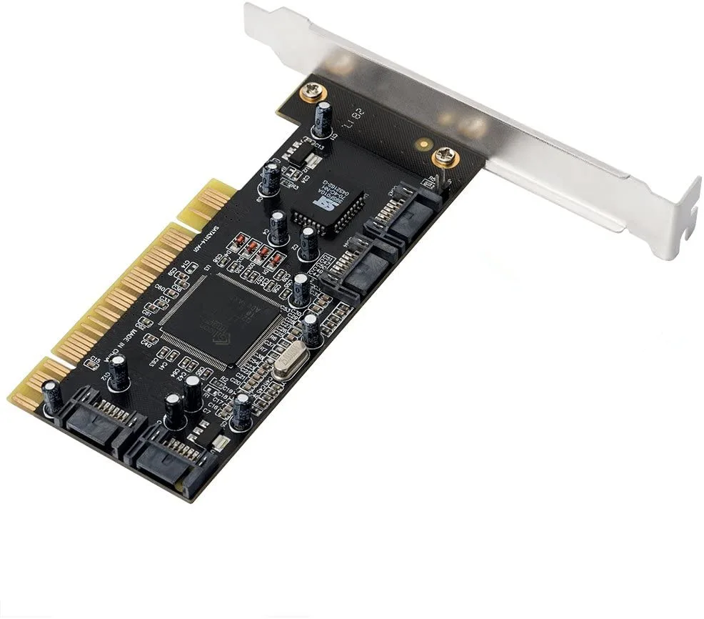 Green PCI add-in card with four SATA ports and SIL3114 chip