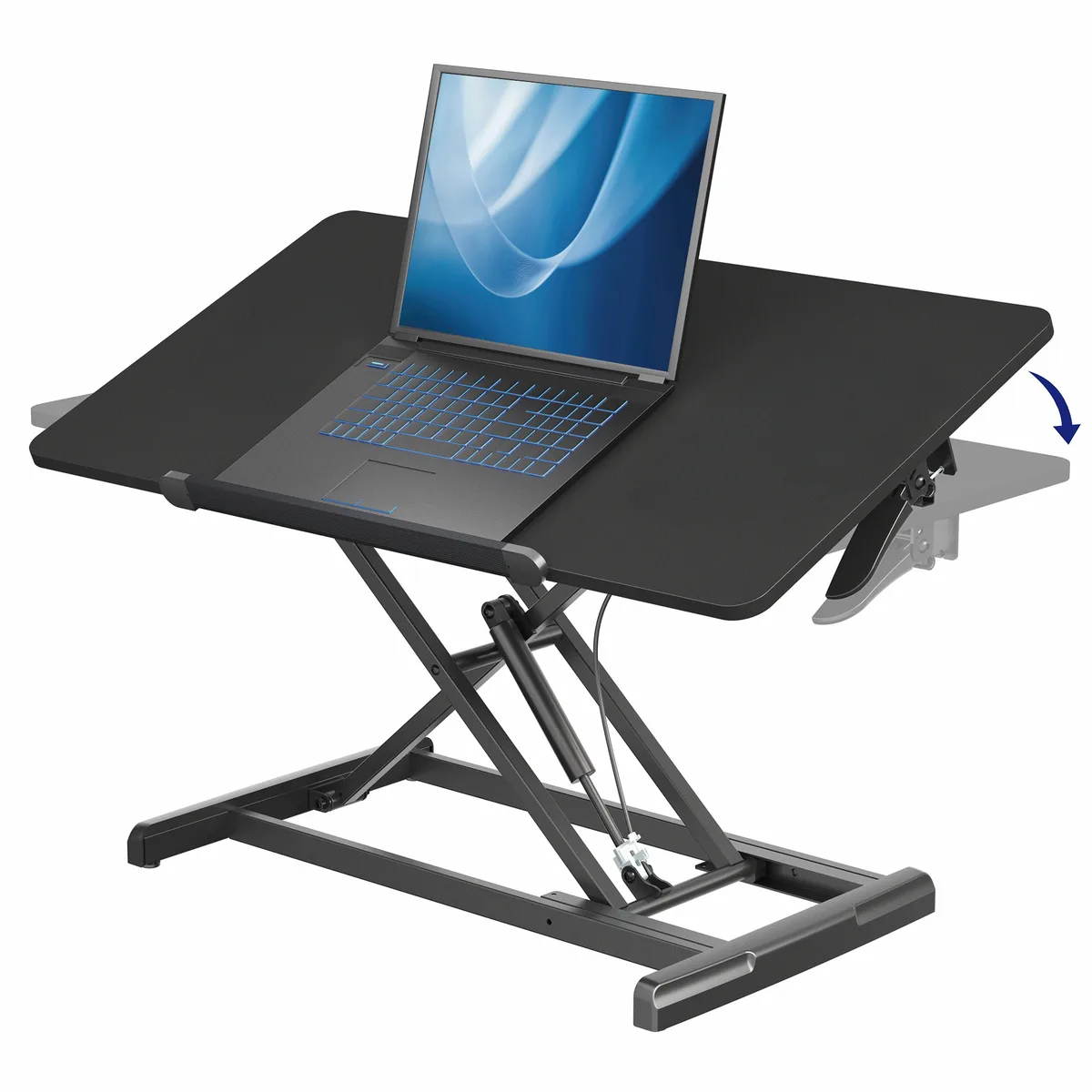 Black 36-inch tilting desk riser with steel frame and pneumatic height adjustment