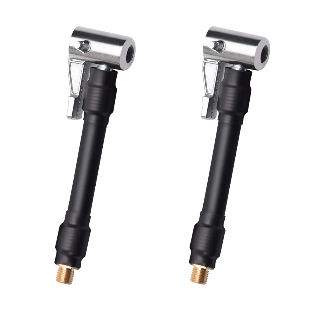 Two black and yellow brass locking air chuck adapters with 12cm rubber hoses