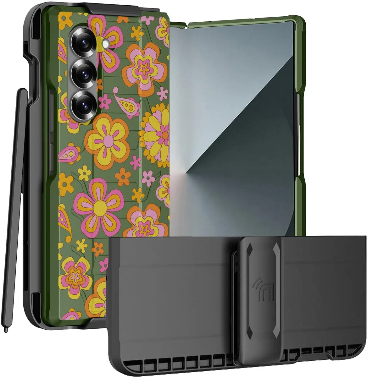 Nakedcellphone Nakedcellphone Rugged Case &amp; Holster with S Pen Slot for Samsung Galaxy Z Fold 6 Retro Flowers — product photo