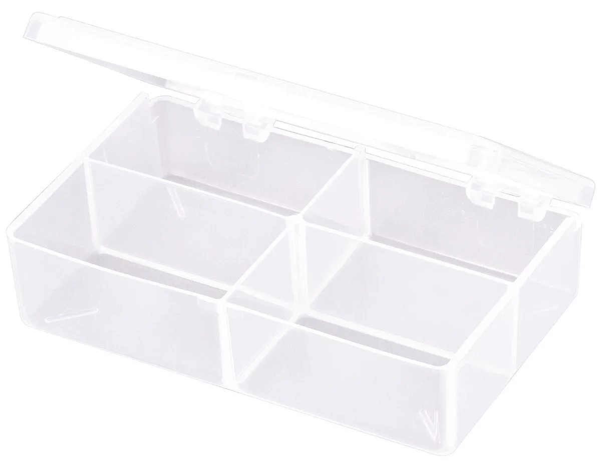Clear plastic compartment box with four sections and snap closure