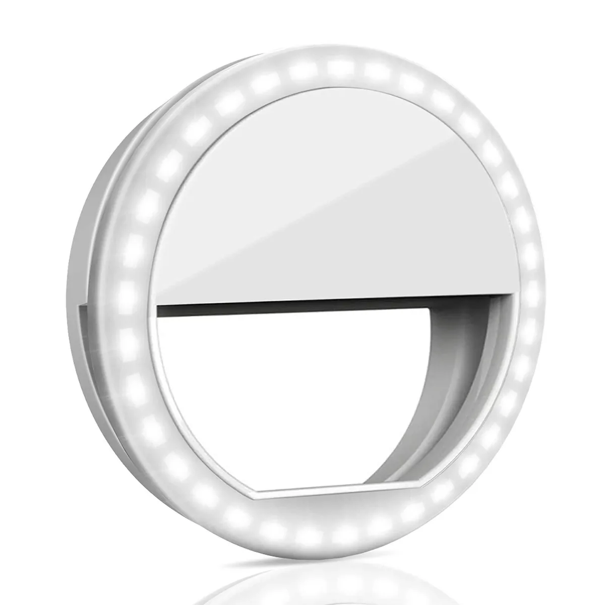 White circular clip-on ring light with 36 LEDs, compact and lightweight