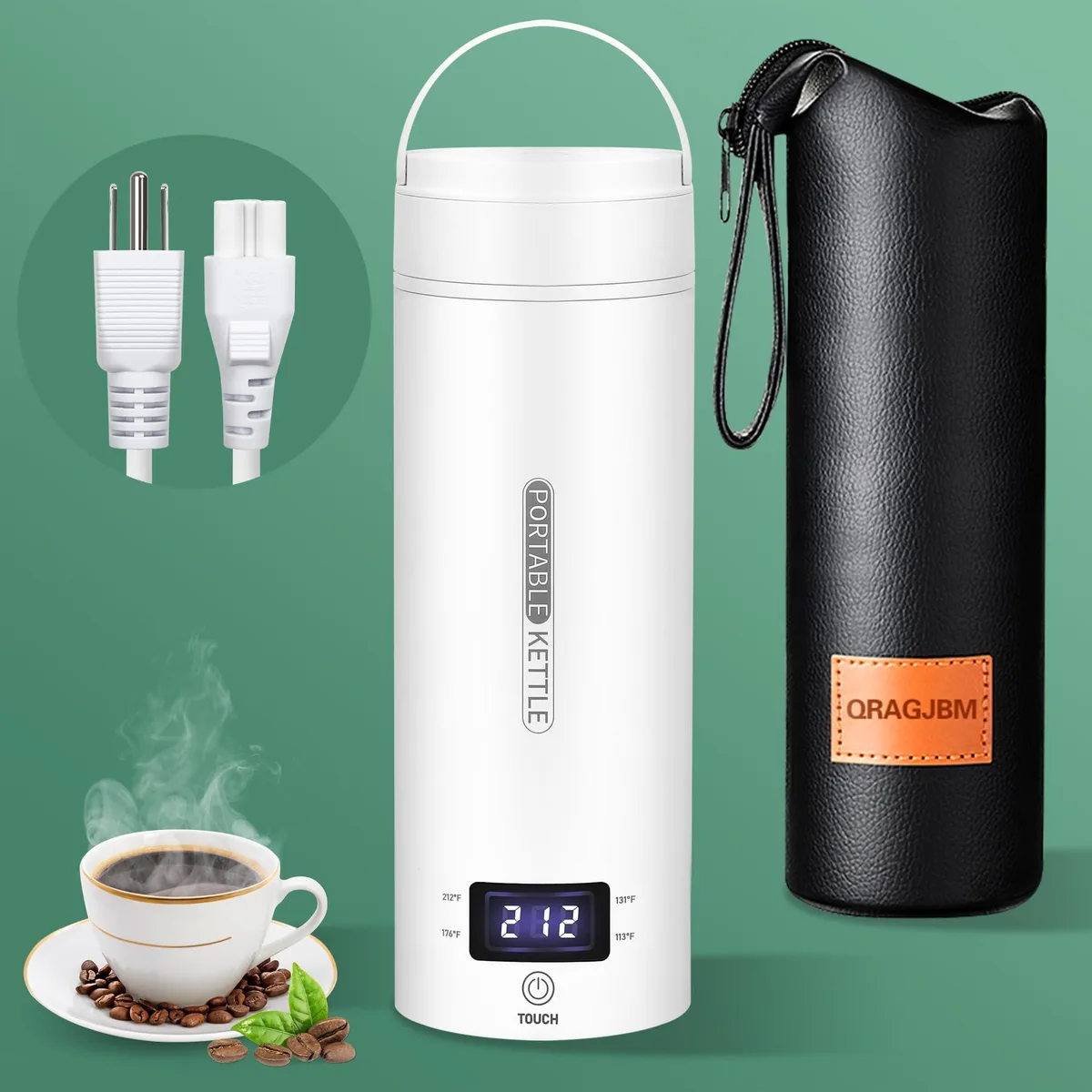 White portable electric kettle, compact cylindrical shape, hidden handle, LCD touch screen, 15.2 oz capacity