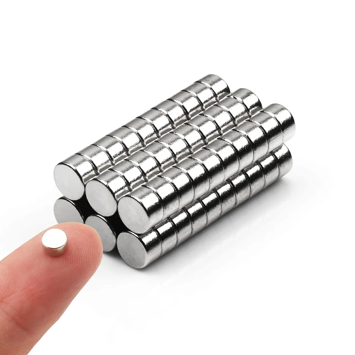 Pack of sixty small silver round magnets, five by two point eight millimetres