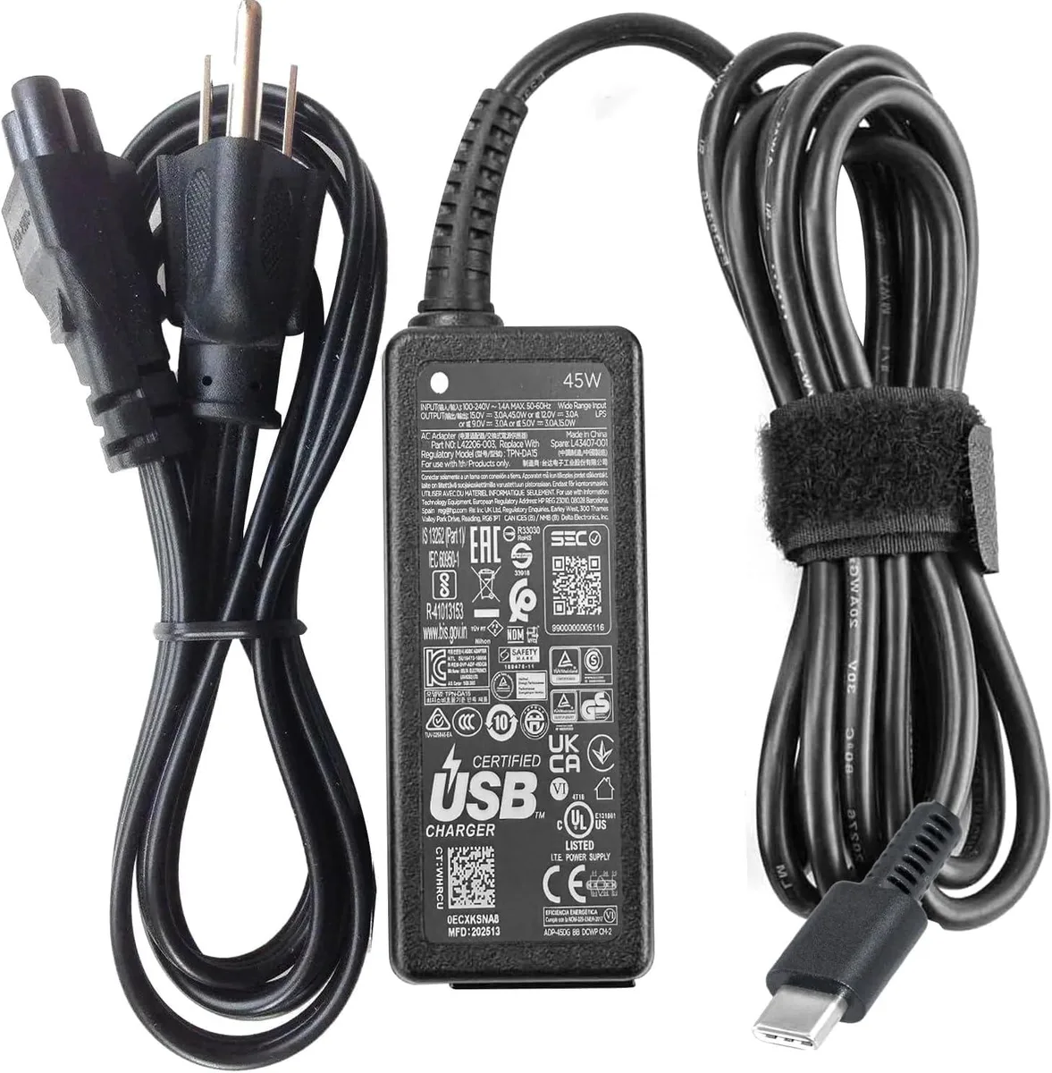 Compact 45W USB-C power adapter with detachable three-prong mains cord