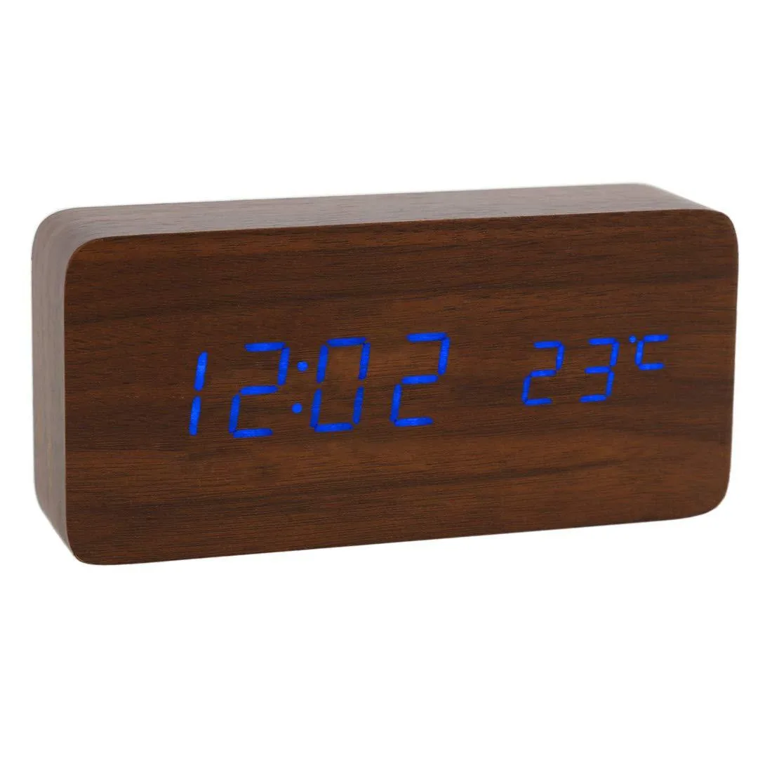 Rectangular wooden-finish digital clock with blue LED display, 17.0 by 5.5 by 9.0 inches