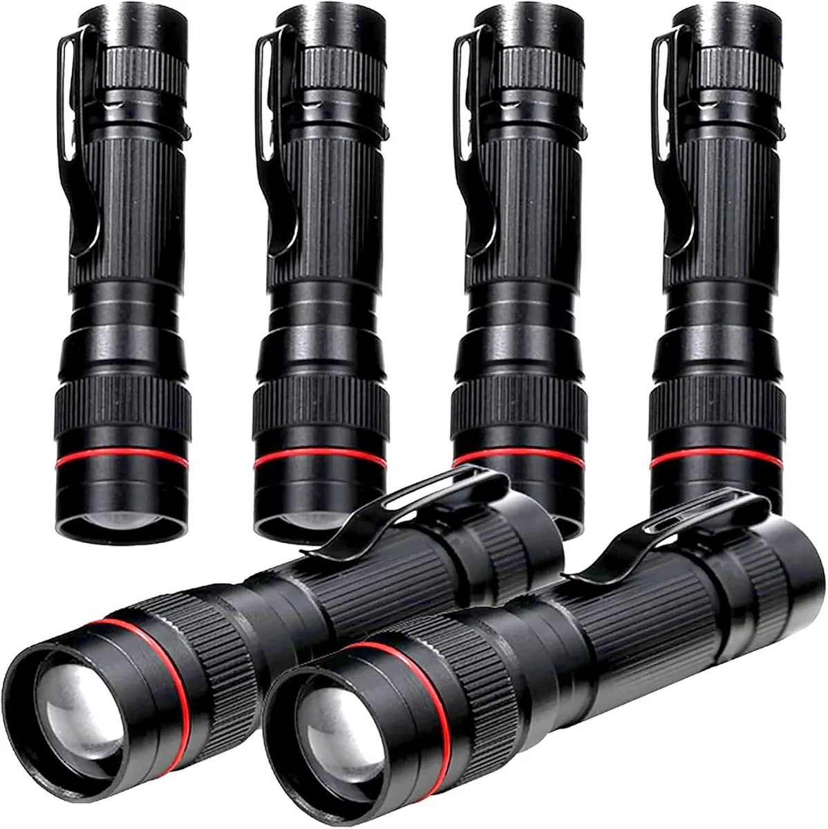 Six small silver aluminium flashlights with pocket clips, each 3.65 inches long and weighing 1.12 ounces