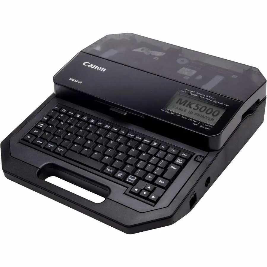 Compact white label printer with built-in keyboard and small display