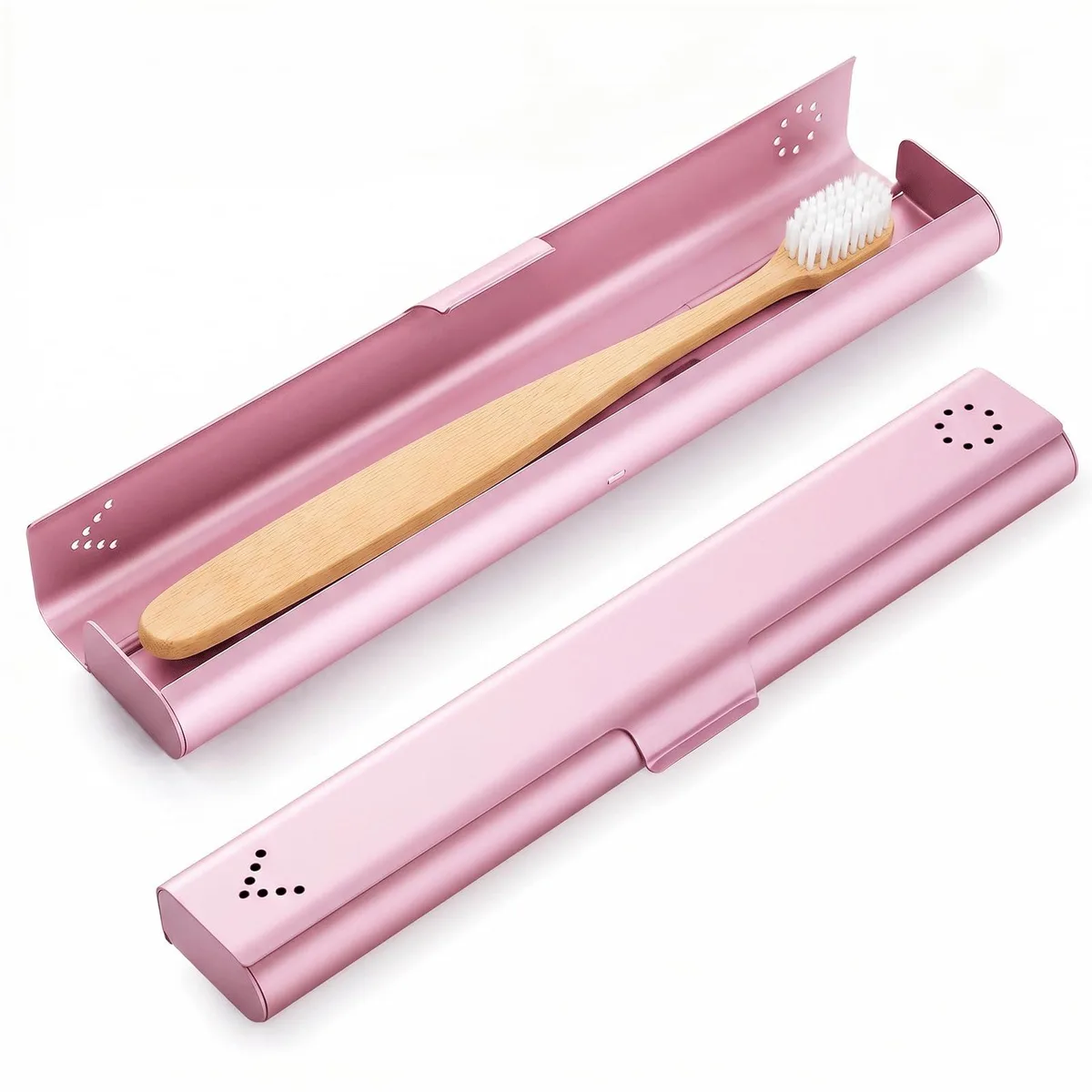 Pink aluminium toothbrush travel case with ventilation holes and snap closure
