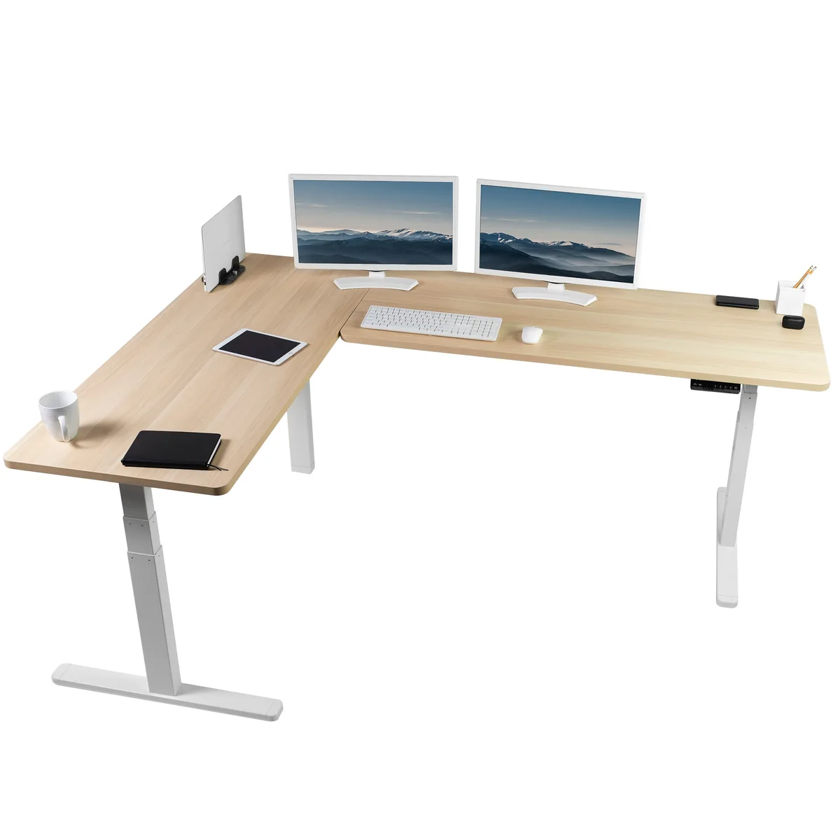 VIVO VIVO Electric Corner Desk 83" x 60" Light Wood White Frame — product photo