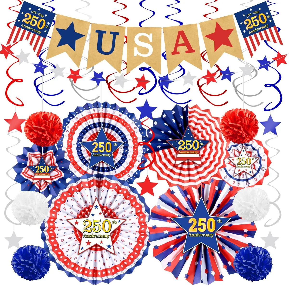 A boxed set of 32 red white and blue paper fans pompoms banners and hanging swirls