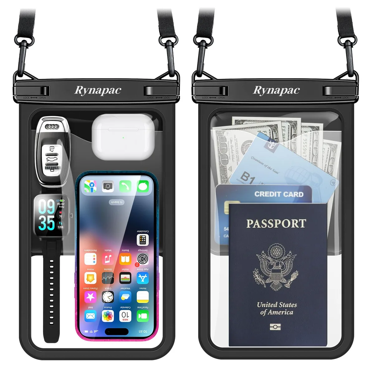  Rynapac Waterproof Phone Pouch 2-Pack Black 10" IPX8 — product photo