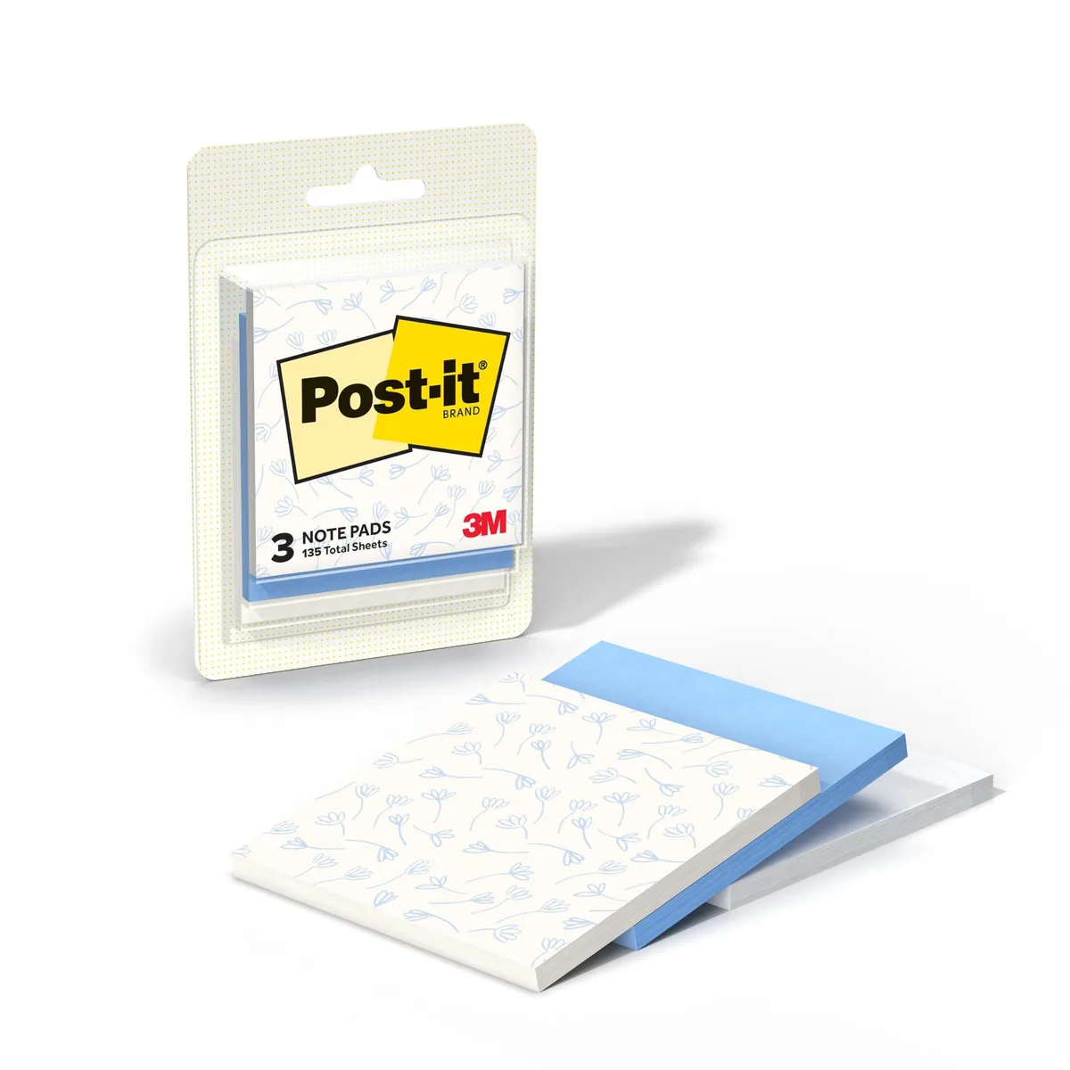 Three square sticky note pads with blue cottage pattern design, 3 by 2.9 inches, 45 sheets each