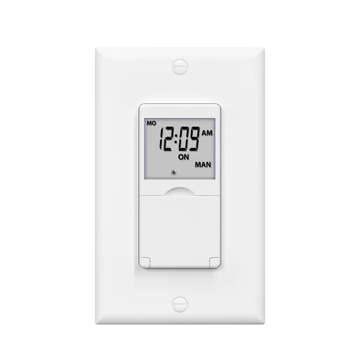 White rectangular wall timer switch with push buttons and digital display, IP54 rated, 12.5 by 8.2 by 6.2 cm