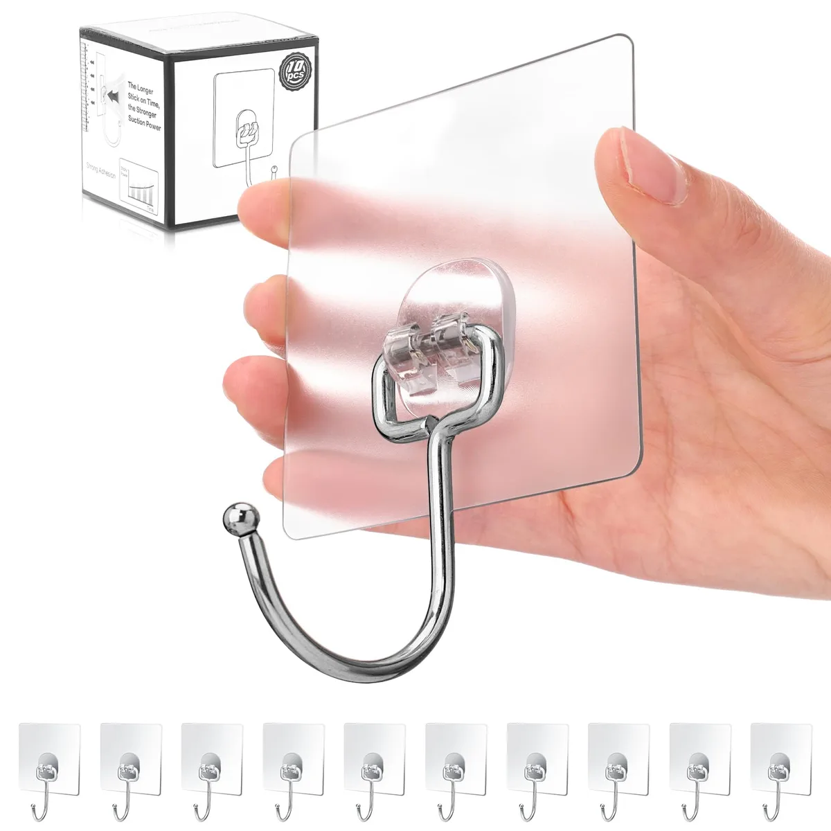 Transparent stainless steel adhesive hooks, pack of 10