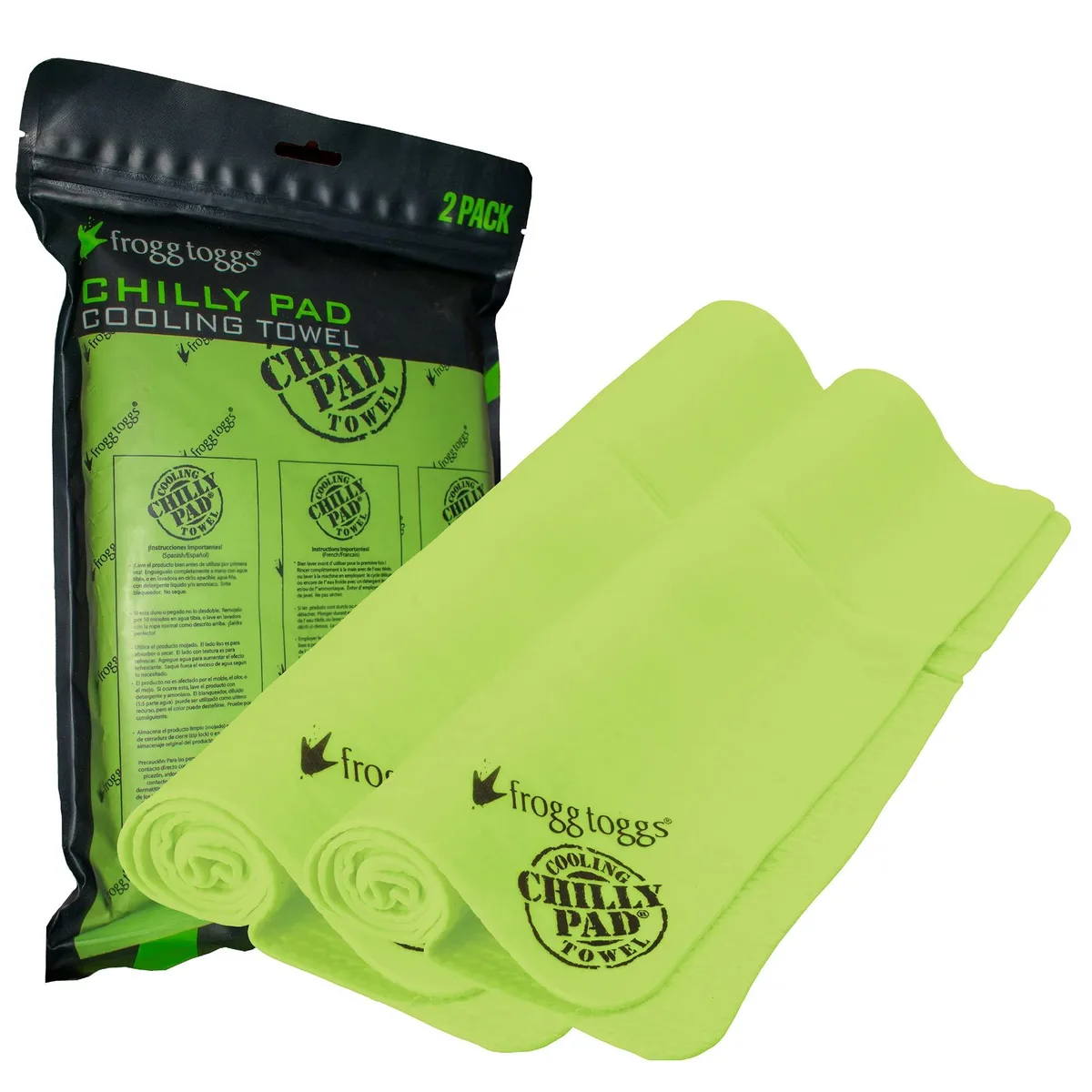 Two lime-green rectangular cooling towels folded flat, smooth hyper-evaporative fabric surface