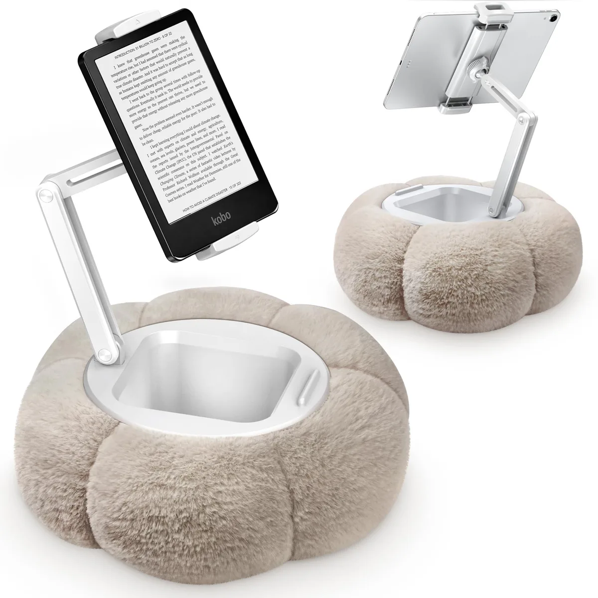 Khaki pumpkin-shaped tablet pillow stand with adjustable metal-core rods and detachable snack bowl