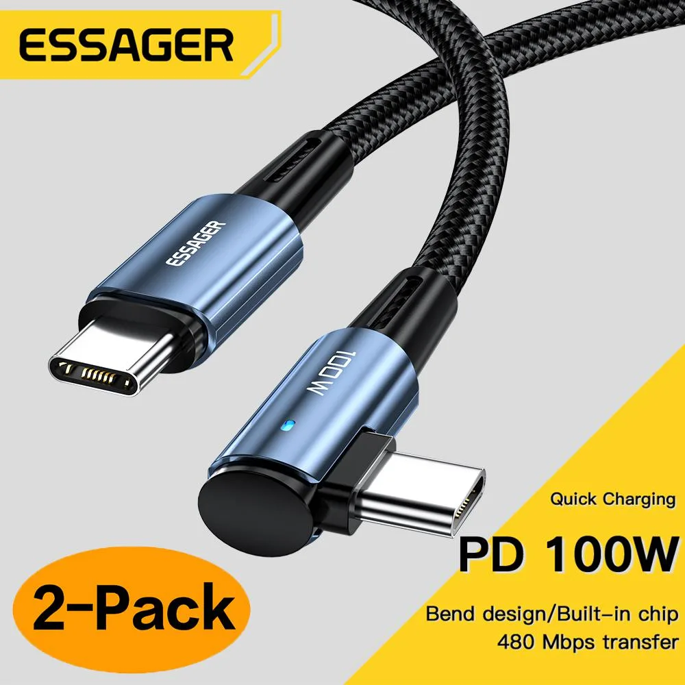 LUOM LUOM Essager CGL USB-C Cable 6.6ft 2-pack 90° 100W 5A 480Mbps Blue — product photo