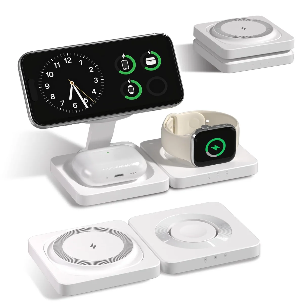White foldable 3-in-1 wireless charger with magnetic phone stand, watch pad and earbuds base