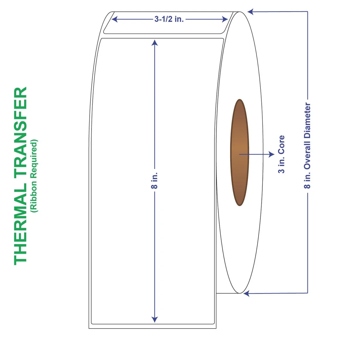 Six white label rolls in a carton, non-perforated thermal transfer paper