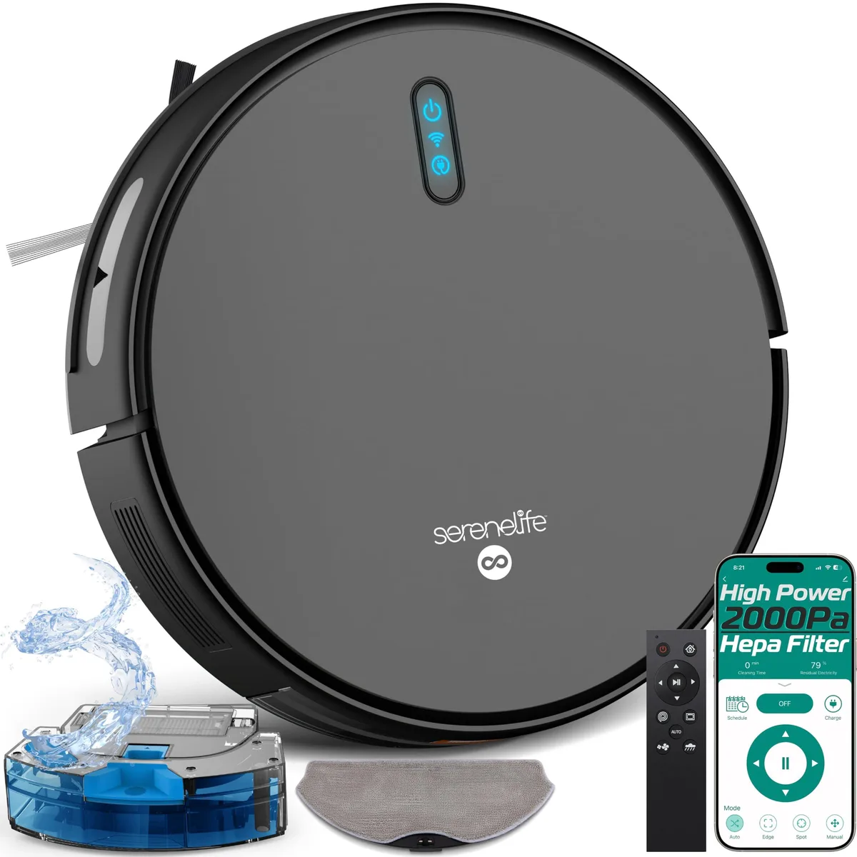 Black circular robot vacuum and mop combo on floor