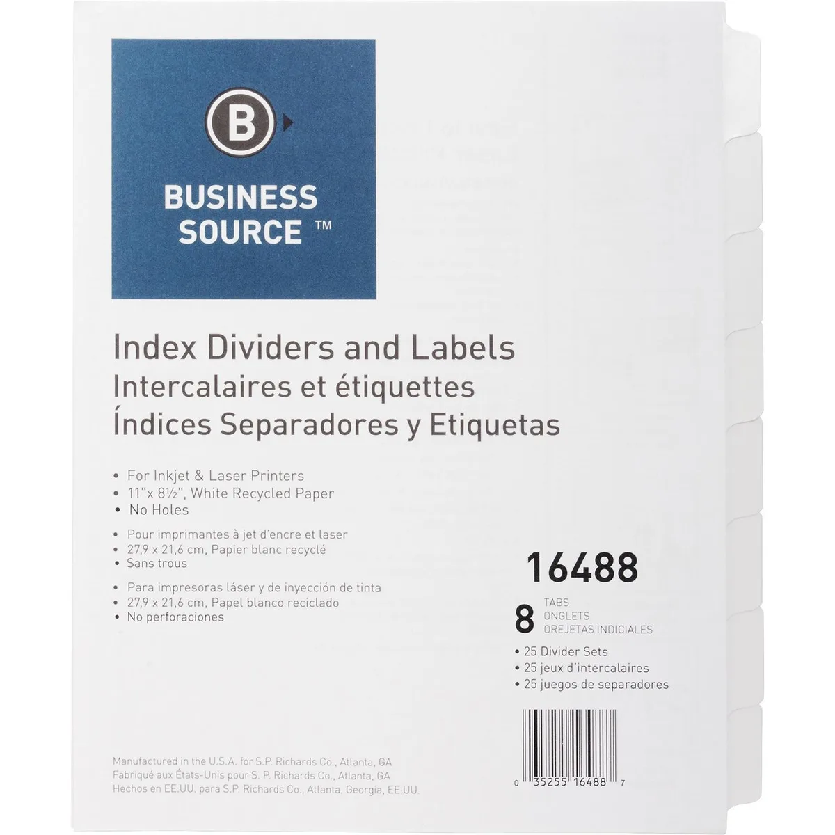 Business Source Business Source 16488 Index Dividers 8-Tab 25 Sets White accessory — product photo
