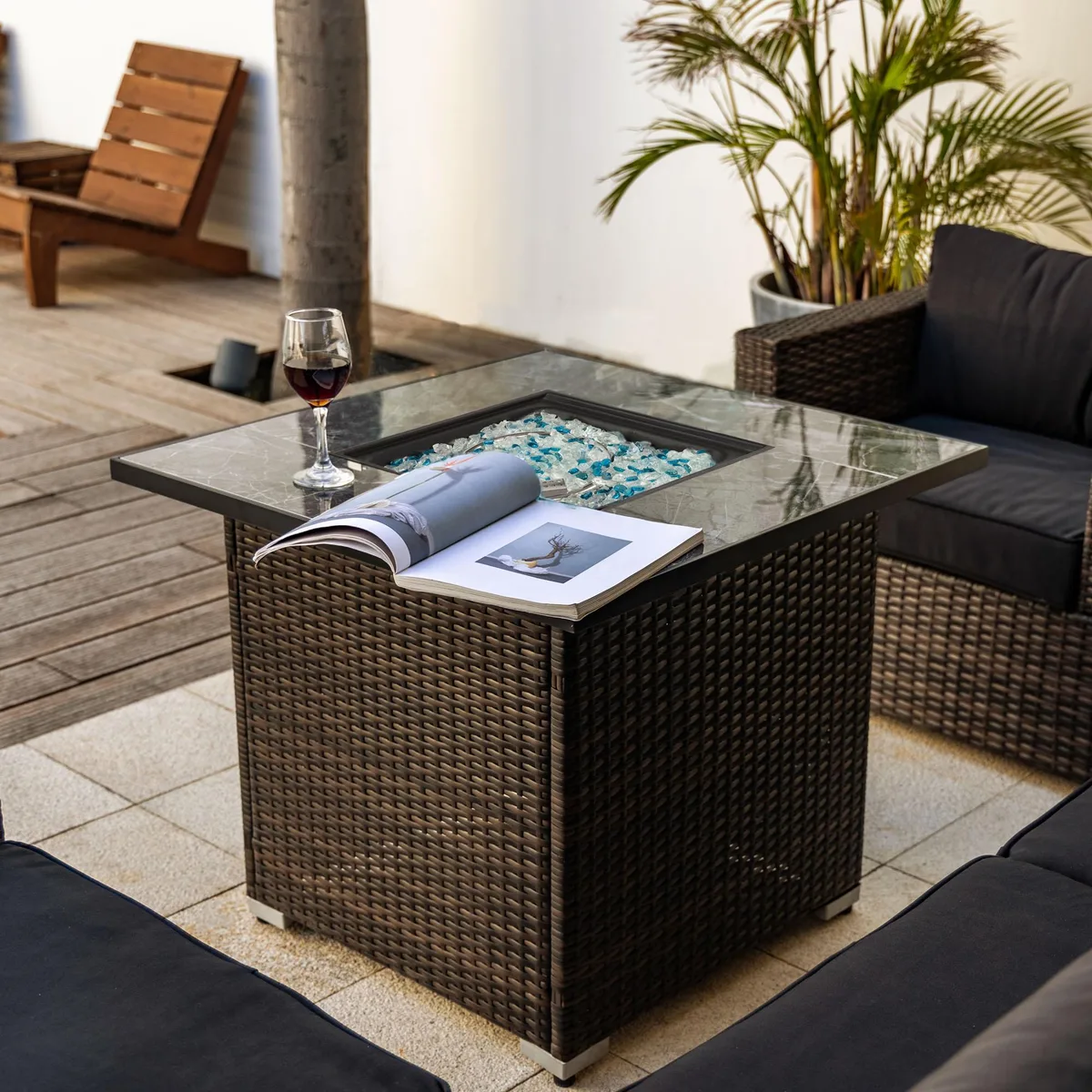 Square espresso fire pit table with tile top and wicker base