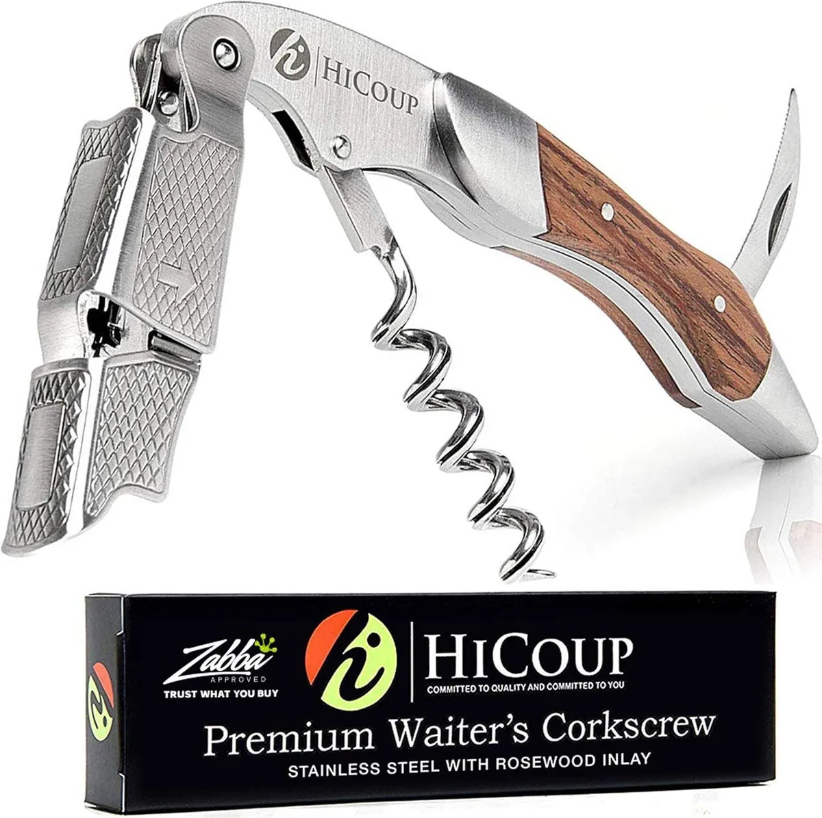 Rosewood-handled stainless steel waiter corkscrew with foil cutter
