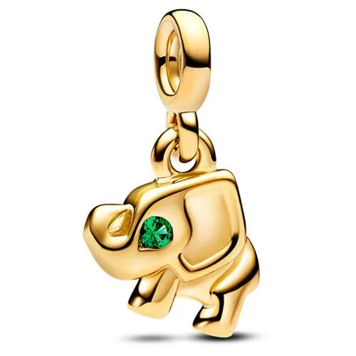 Small gold-plated elephant charm with upturned trunk, green crystal eye, microbeaded ear, dangling from a bail