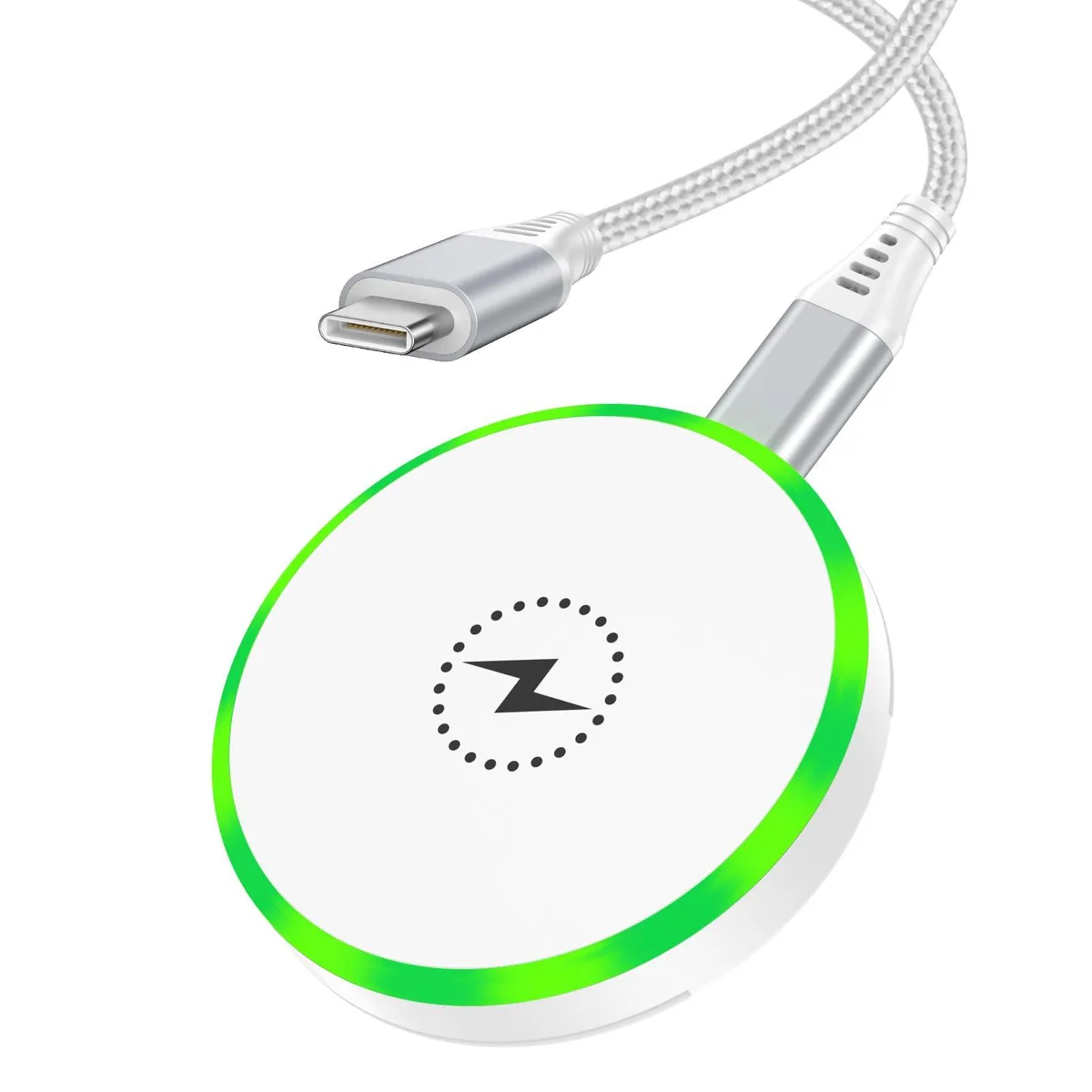 Round white charging pad with braided cable attached