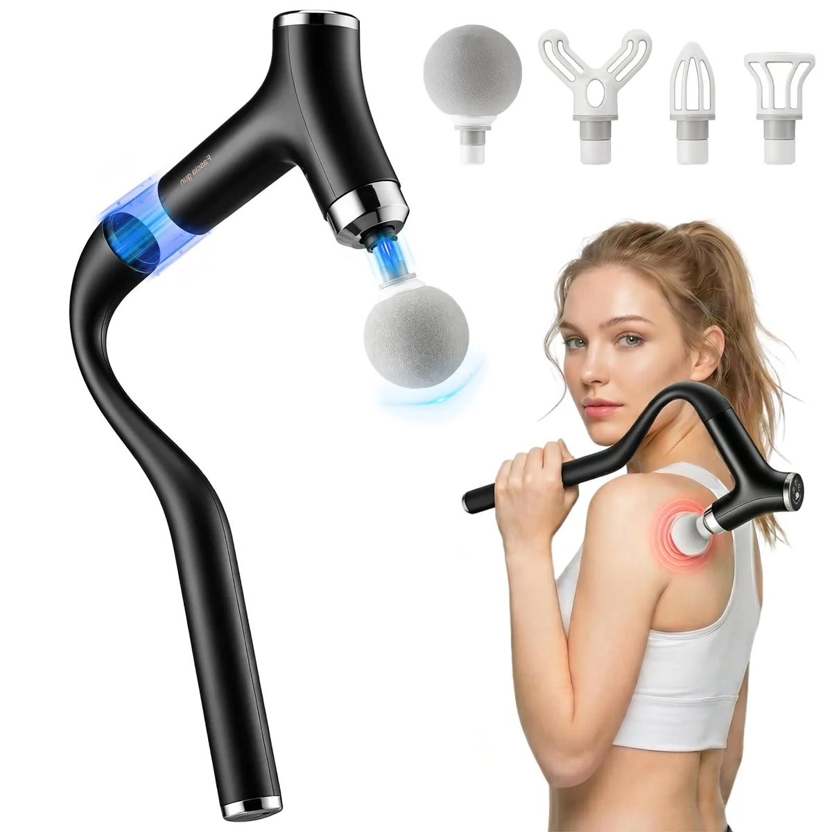 Blue percussion massager with 16-inch curved extendable handle, 1.2 lb