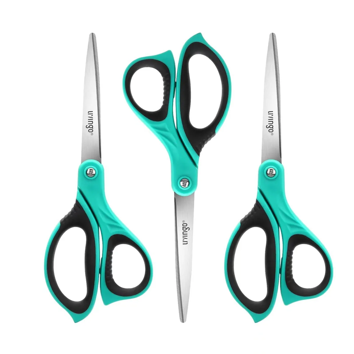 Three blue 8.5 inch stainless steel scissors with aluminum finish and textured comfort grip handles