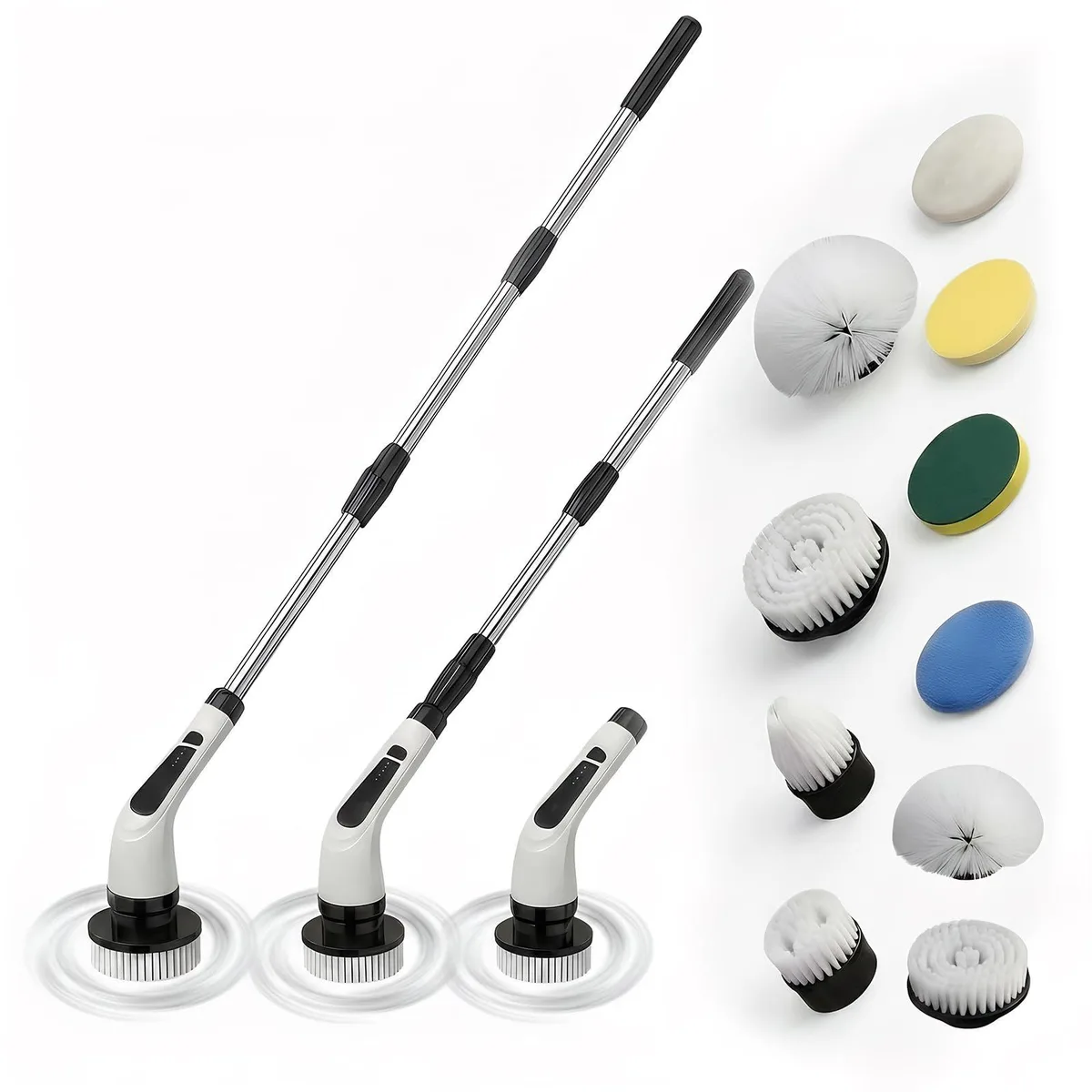 White cordless spin scrubber with long handle and brush head visible